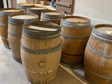 several wooden barrels are lined up in a row on the floor
