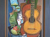 tableau représentant une guitare et une corbeille de fruits posés sur une table