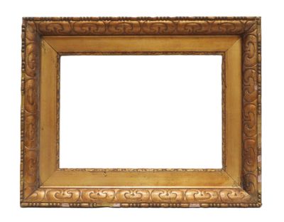 an old gold frame with a decorative pattern on a white background