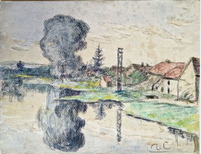 peinture représentant un paysage avec une rivière et une maison au loin
