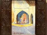 une peinture à l'huile représentant un homme et une femme dans un embrasure de porte