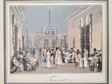 painting of a group of people sitting around a table in a large room