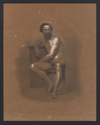 tableau représentant un homme nu assis sur une chaise, les jambes croisées