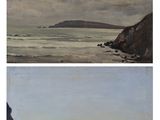 two paintings of a beach and a body of water