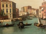 many gondolas on the water in this painting