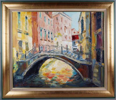 a painting of a bridge over a river with buildings in the background