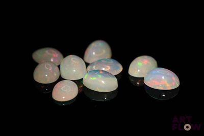 some white oplites are sitting on a black surface