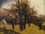 un tableau représentant un champ avec des arbres et une maison au loin
