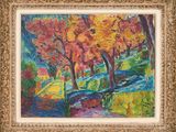 une peinture représentant une peinture d'arbres et d'un ruisseau dans un parc