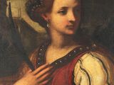 an image of a painting of a woman in a red dress