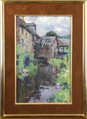 une peinture à l'huile représentant une maison au bord d'une rivière, avec un pont