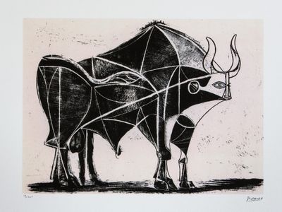 an image of a black and white drawing of a bull with horns