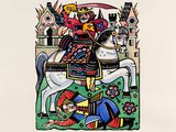 tableau représentant un homme à cheval, avec un château en arrière-plan