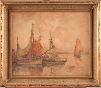 an image of a painting of boats in a body of water