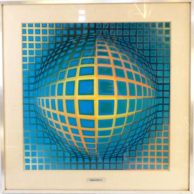 painting of a sphere with a grid pattern in a white frame