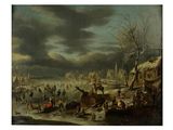 une image représentant un tableau représentant une scène hivernale avec des personnes sur un lac gelé
