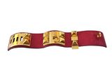 a close up of a red belt with gold buckles