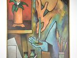 un tableau représentant un homme tenant une plante devant un tableau