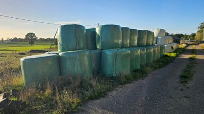 many bales of hay sitting on the side of the road