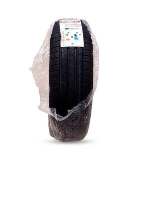 a close up of a car tire wrapped in plastic on a white background
