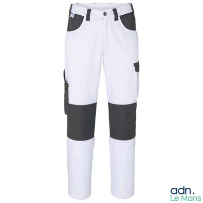 a close up of a pair of white and black work pants