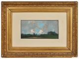 a painting of a landscape with clouds and trees in a gold frame
