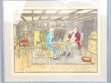tableau représentant deux hommes assis à une table, avec un chien en arrière-plan