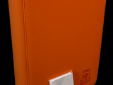 an orange folder with a white button on it