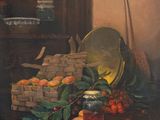a painting of a basket of fruit on a table with a clock in the background