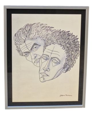 a black and white drawing of two men with curly hair