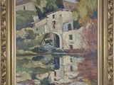 an oil painting of a house by the water