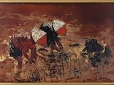 un tableau représentant deux personnes avec des parapluies sur la plage