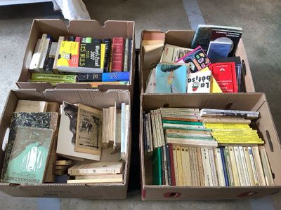 many books in the boxes on the floor