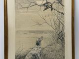 a drawing of a dog sitting in the grass next to a tree