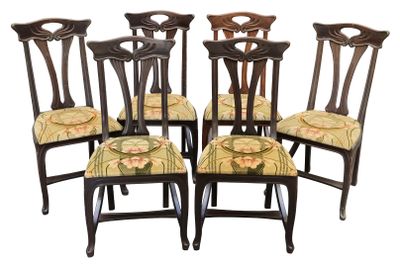 set of six mahogany dining chairs with floral upholstered seats