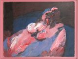 tableau représentant une femme assise sur un canapé, une assiette de nourriture sur les genoux