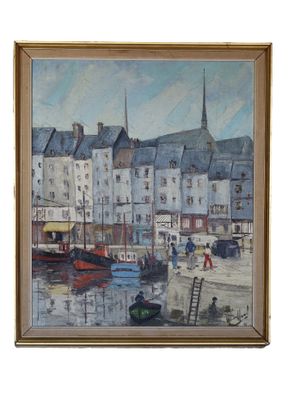 une peinture à l'huile d'une scène portuaire avec des bateaux dans l'eau