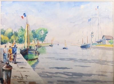 une peinture à l'aquarelle d'une scène portuaire avec des bateaux sur l'eau