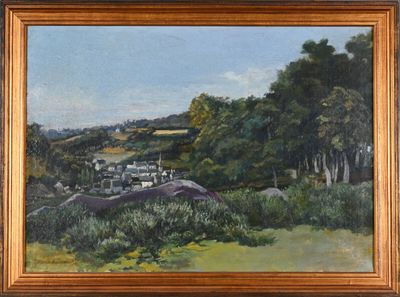 an oil painting of a view of a village in a wooded area