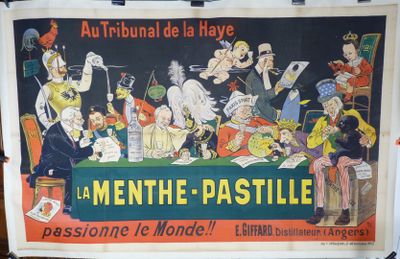 Affiche française faisant la promotion des pastilles à la menthe, représentant un groupe d'hommes et de femmes