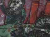 a painting of a man sitting at a table with an umbrella