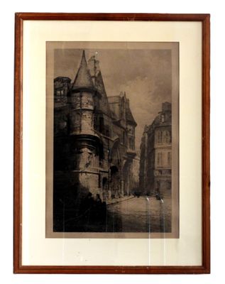an old picture of a building with a clock tower in the middle of it