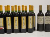 six bottles of red wine are lined up in a row