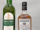 deux bouteilles de whisky posées l'une à côté de l'autre sur une étagère transparente