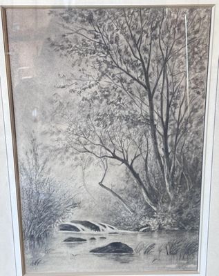 painting of a river scene with rocks and trees in a white frame