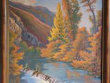 une peinture à l'huile représentant une rivière avec une cascade au milieu