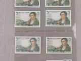 six timbres différents représentant une femme, sur une feuille de papier où figure l'image d'un homme
