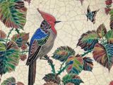 a colorful plate with a bird on it on a table