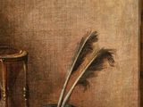 a painting of a potted plant with feathers on a table