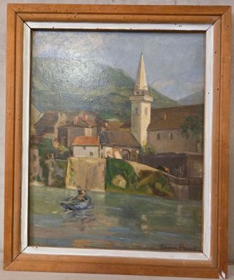 une peinture sur le mur d'un immeuble représentant un bateau dans l'eau
